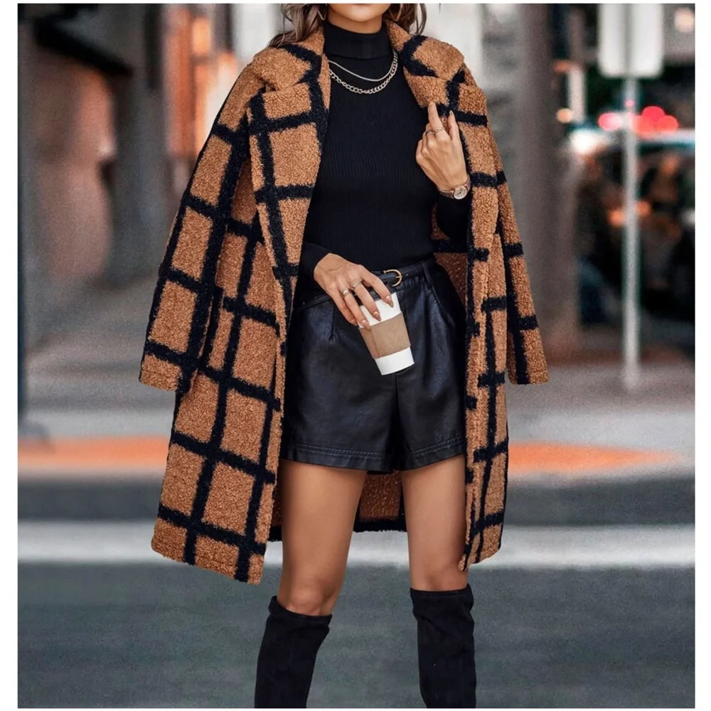#17 Cozy Plaid Button Long Teddy Oversized Jacket Coat - Picture 3 of 7